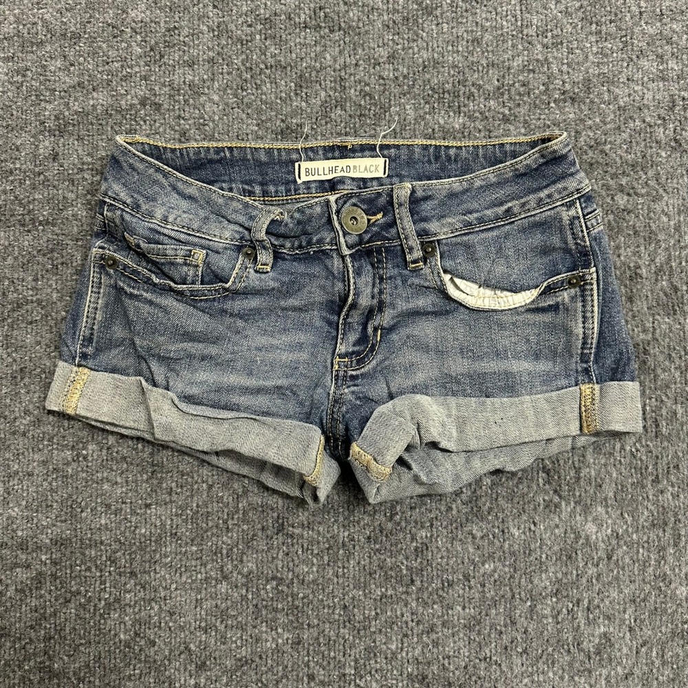 Bullhead Black Denim Shorts Womens Size 00 Blue Cuffed Stretch Low Rise Casual